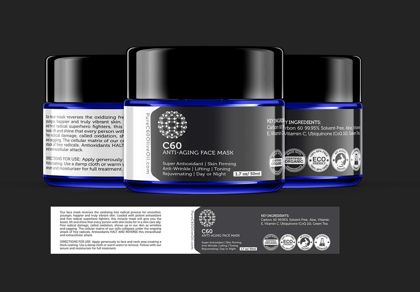 PureC60OliveOil.com C60 Anti-Aging Face Mask 50ml with Green Tea, Aloe, Ubiquinone (CoQ 10), Vitamin E and Vitamin C for Men & Women Made with Organic Ingredients - From The Leading Global Producer