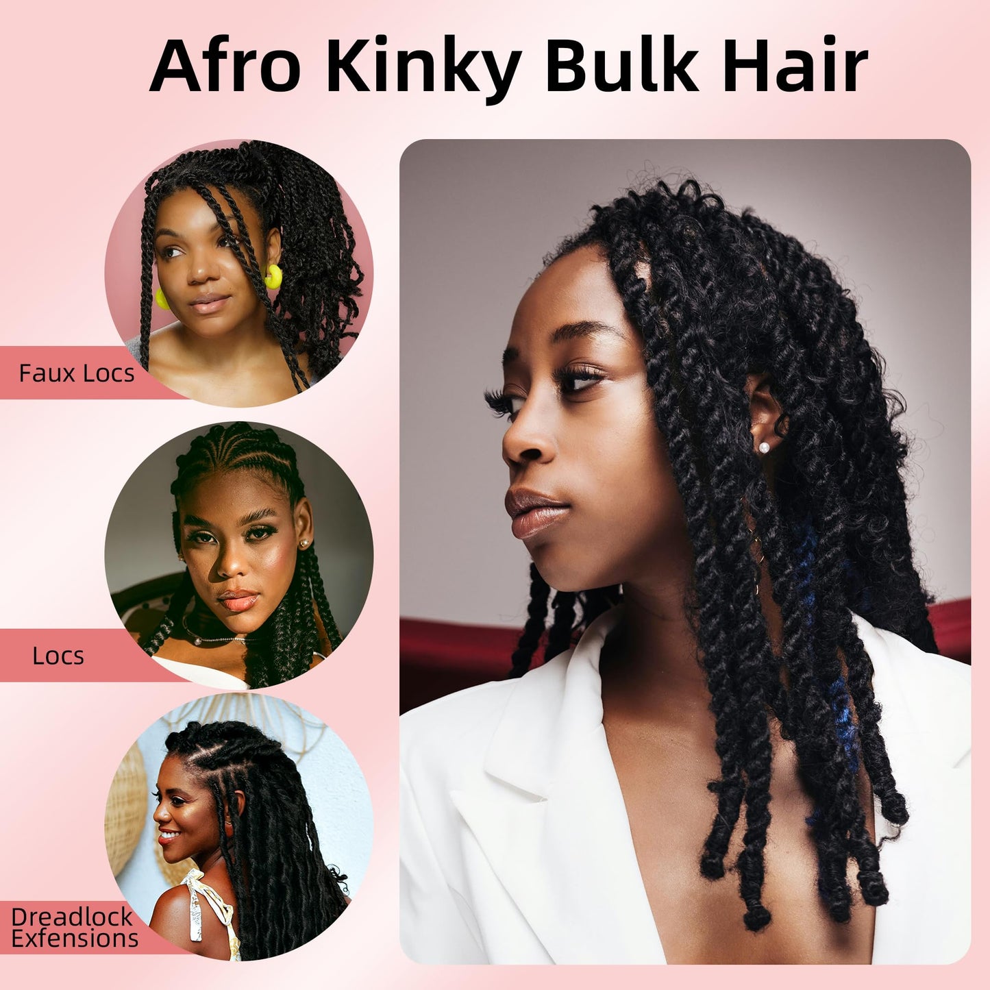Stancia Afro Kinkys Bulk Human Hair, 14’’ Human Braiding Hair, 100% Human Hair Bundles for Dreadlocks Extensions Repair Locs, Twist Braiding (50g/pack)