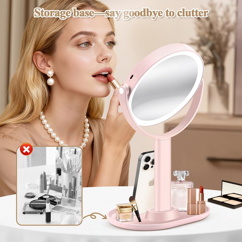 MOMOKUBA Makeup Mirror with Lights, Double Sided 1x/30x Magnifying Mirror with Light, Rechargeable 3 Color Lights and Adjustable Brightness, 360° Rotation Detachable Comes with Tweezer(Pink-30X)