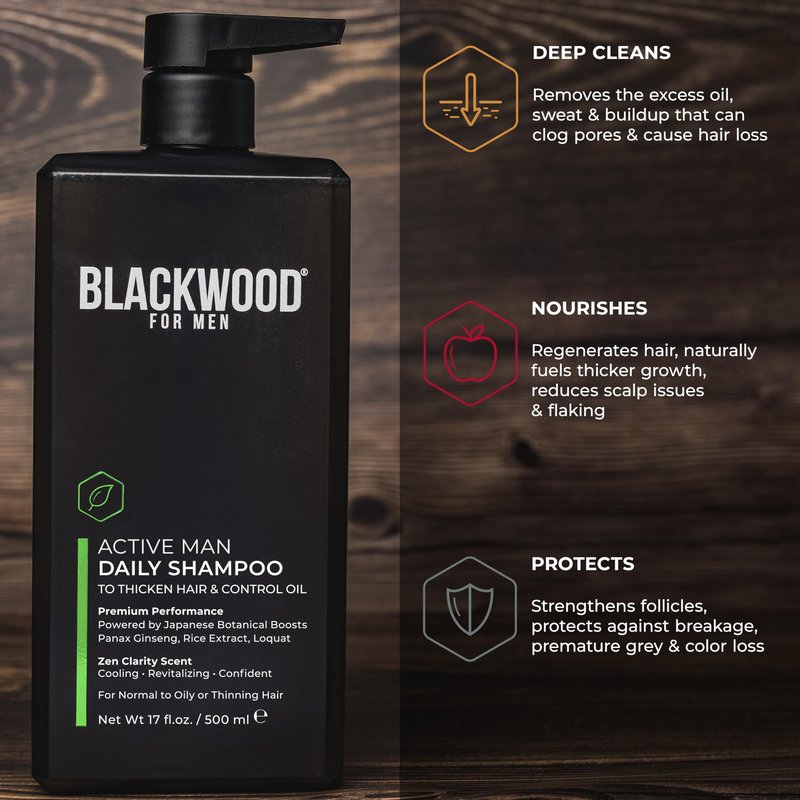 BLACKWOOD FOR MEN Active Man Daily Shampoo - Thickening & Clarifying Shampoo for Normal to Oily Hair or Scalp - Fights Hair Loss - Natural Vegan Formula - Sulfate Free with Ginseng & Aloe Vera (17oz)