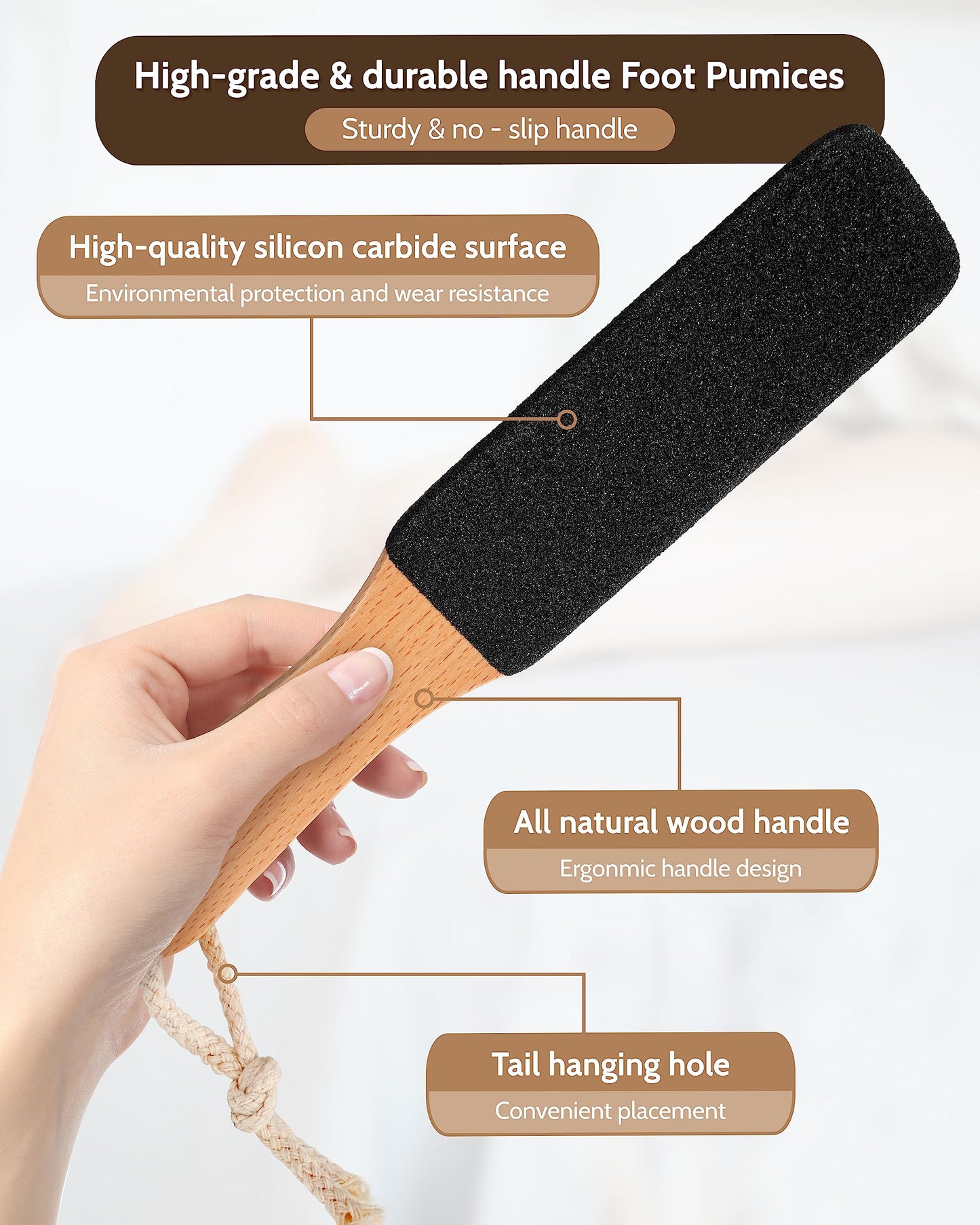 Pumice Stone Foot File, 4pcs Set Callus Remover for Feet with Wooden Handle, Pedicure Foot Scrubber to Remove Dead Skin, Dry, Rough, Corns Skin Scraper