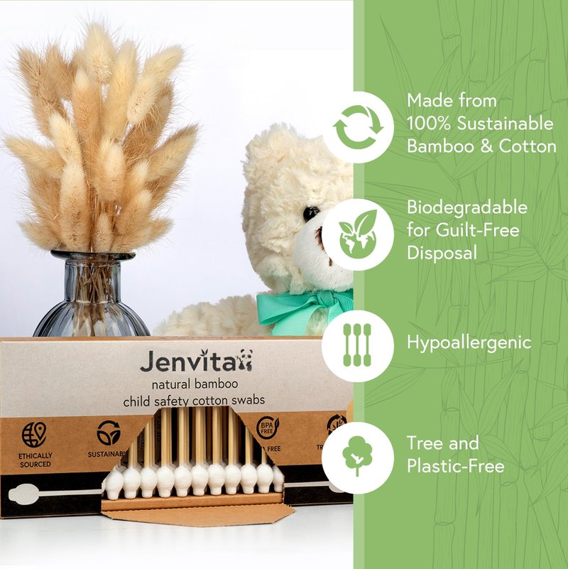 Jenvita 100% Bamboo Swabs for Ears (1000-Pack) - Safety Cotton Swabs for Baby & Personal Care | Safe, Organic Bamboo Baby Ear Cleaner | FSC Certified & Hypoallergenic, Made for All Ages & Pets