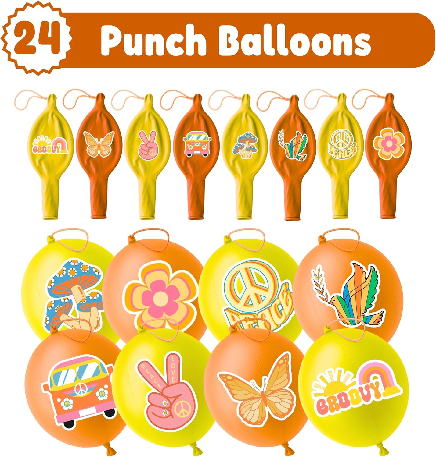 Groovy Party Favors - 72 PCS Set with 48 Pre-Cut Temporary Tattoos & 24 Punch Balloons | Birthday Decorations & Goodie Bag Fillers