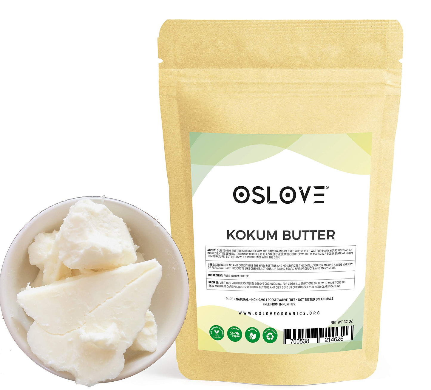 Oslove Organics Kokum Butter 2 LB Pure, Natural, Fresh, Thickener for Body Butters, Sunscreens, Soaps, Deodorants, lip balm & Lotions.