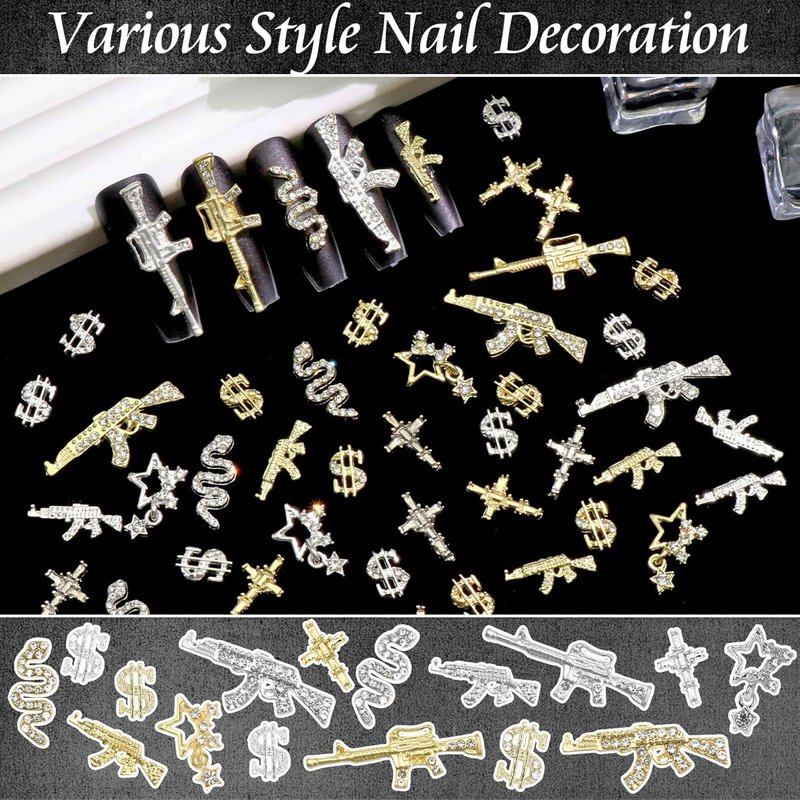 3D Gun Nail Charms - 50PCS Cross & Dollar Nail Gems for Manicure | Gold & Silver Snake Decorations