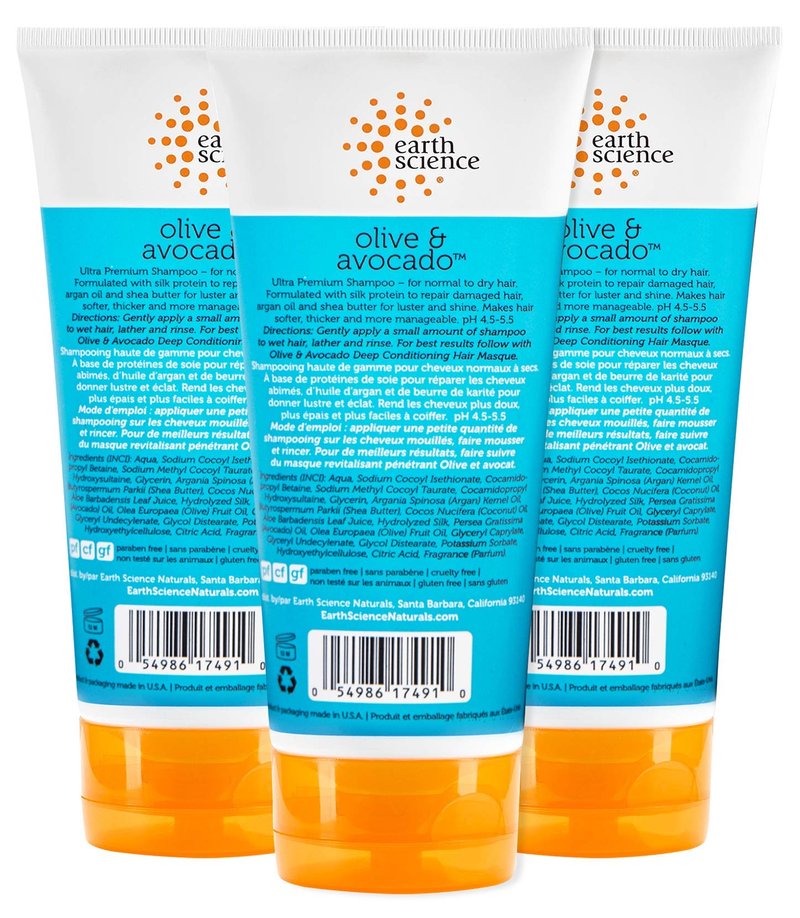 EARTH SCIENCE - Olive & Avocado Oil Shampoo: Super Concentrated for Normal to Dry Hair (3pk, 6 oz.)
