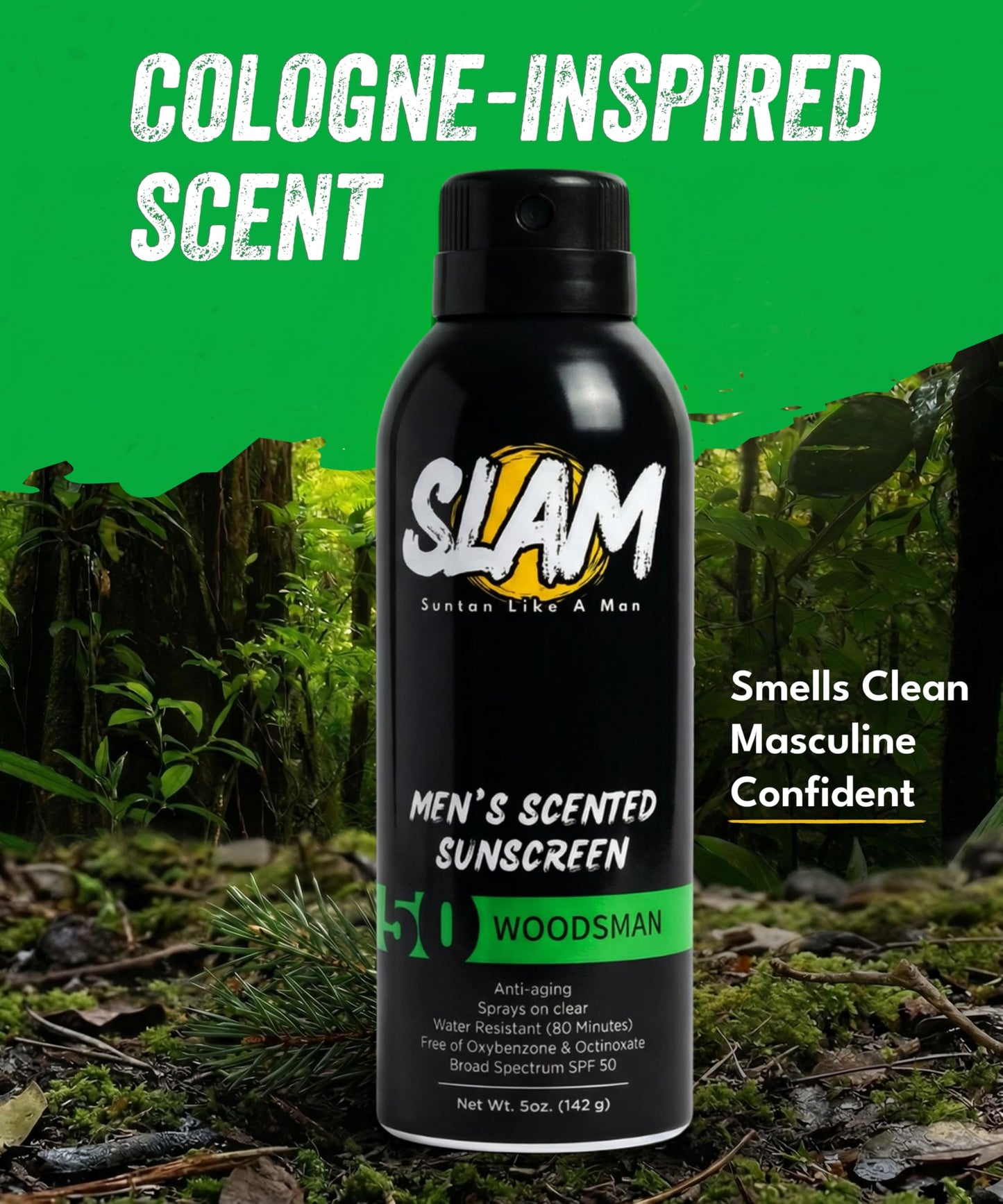 SLAM Men’s Sunscreen SPF 50 Spray - Broad Spectrum UVA/UVB Protection - Non-Greasy & No Harsh Chemicals - WoodsMan Sandalwood Teakwood Bergamot Cologne Scented - 2 Pack