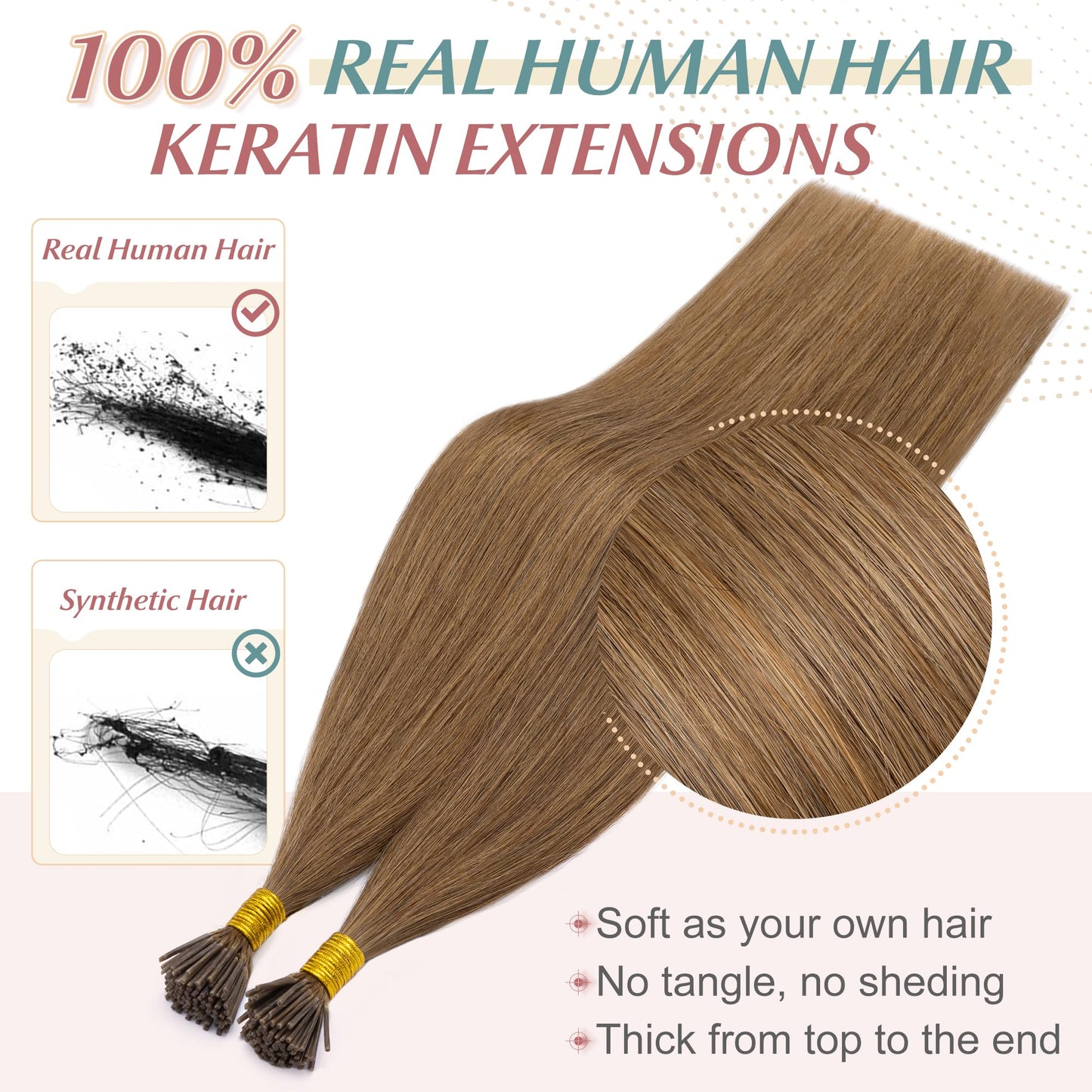 SEGO I Tip Hair Extensions Human Hair Keratin Pre Bonded MicroBeads Tip Balayage Natural Silky Straight Extensions 100 Strands 50g/Pack -16 Inch Light Brown