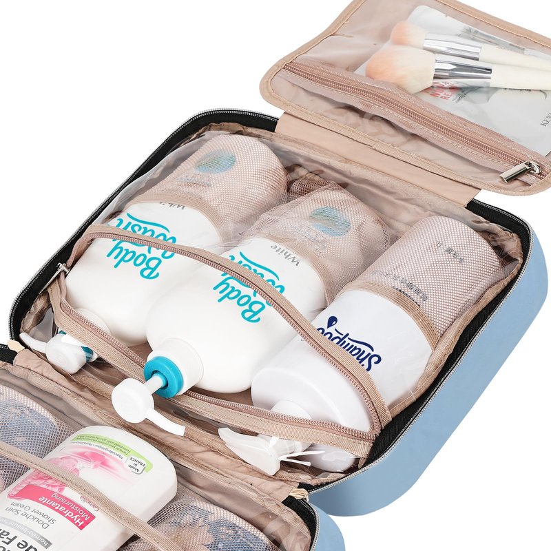 NISHEL Travel Toiletry Bag for women, Portable Hanging Organizer for Family-Sized Shampoo, Conditioner, Brushes Set, Makeup Accessories, Extra Large Size, Placid-Blue