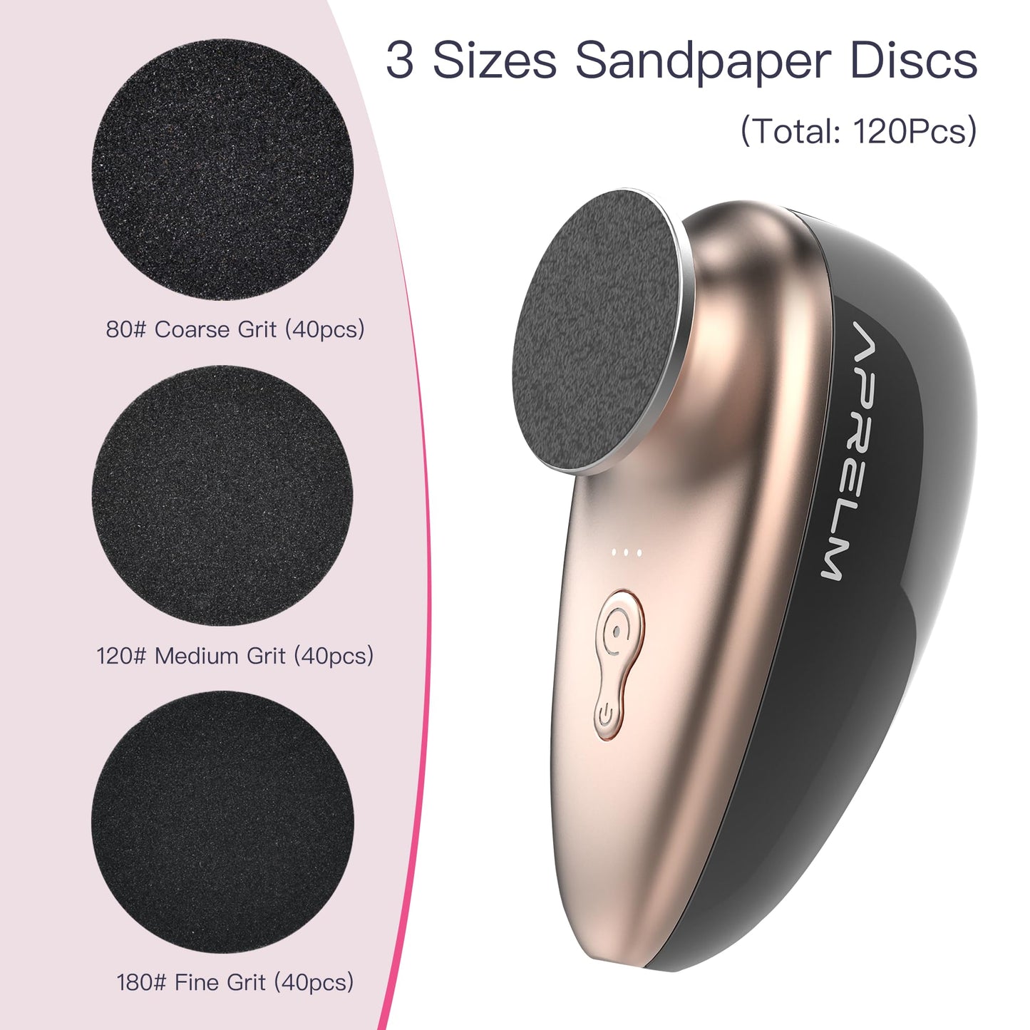 APRELM Rechargeable Electric Foot Callus Remover with 3-Sizes 120Pcs Sandpapers, Professional 1000RPM Electric Foot File with Organizer, Pedicure Tools Gifts for Women Men (E5 Black-Gold)