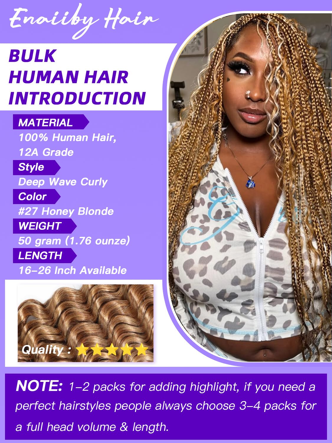 Enaiiby Color 27 Bundles Human Hair 50g 26 Inch, Blond Braiding Hair Loose Deep Wave Bundles Human Hair for Braiding Curly Hair Bulk, 12A No Weft 100% Real Virgin Hair Honey Blonde Boho Hair