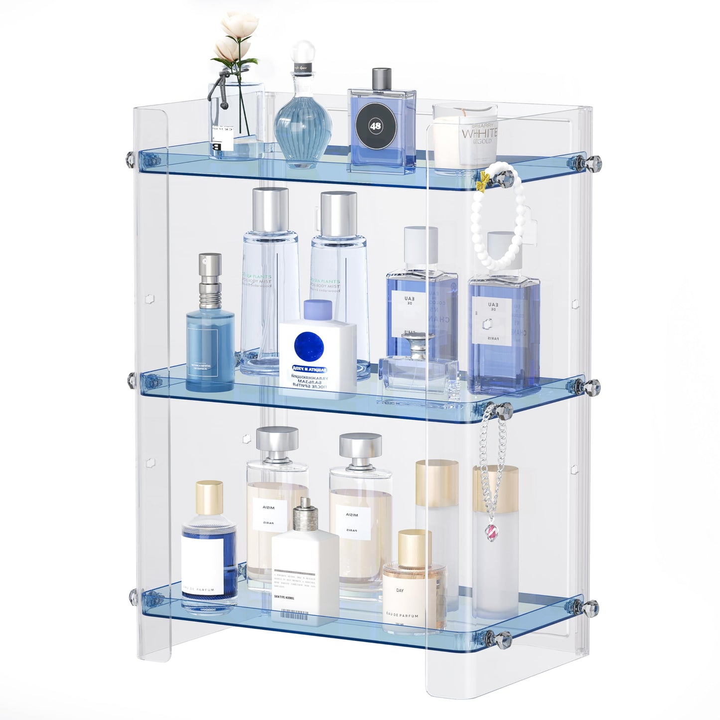Delamu Bathroom Countertop Organizer, 3 Tier Adjustable Corner Makeup & Skincare Organizer with Protective Guard Rail, Transparent Design for Vanity, Bathroom Counter, Ideal for Girls