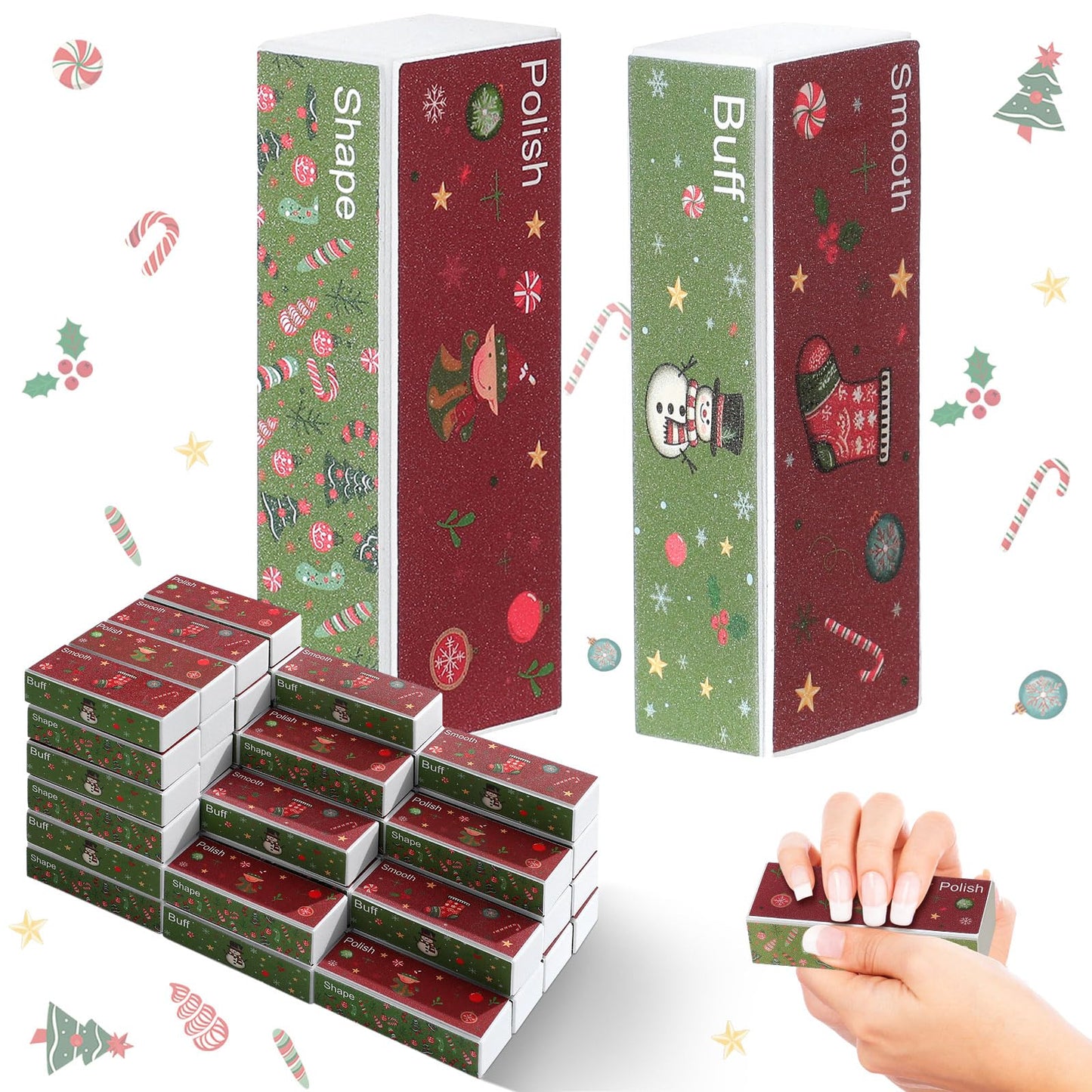 FoldTier 50 Pcs Christmas Nail Buffer Blocks Gifts Bulk Xmas Tree Snowman 4 Way Nail Buffer Files for Natural Acrylic Nails Xmas Party Stocking Stuffers Gifts for Women Customers Coworkers Staff