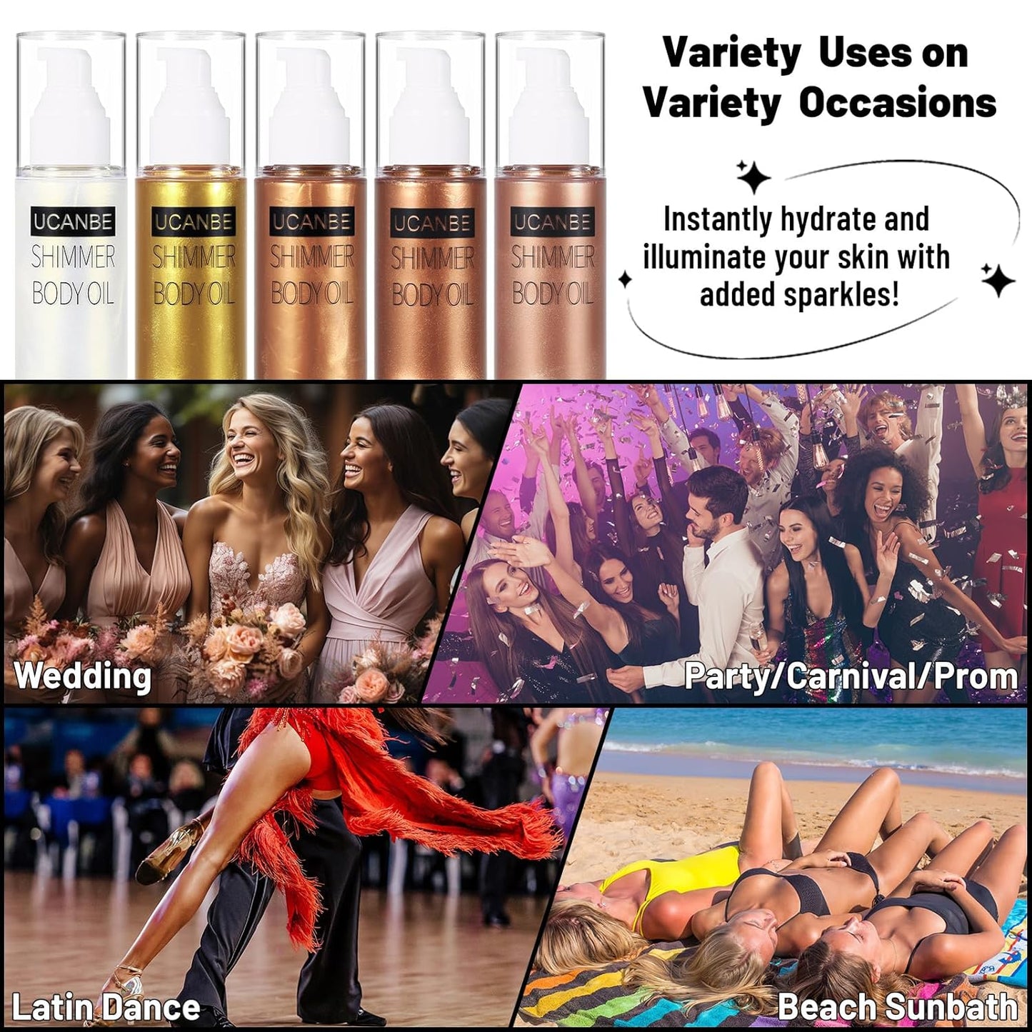 UCANBE Body Shimmer Oil - Moisturizing Glitter Illuminator for Glowing Skin | 100ml Bronze Gold