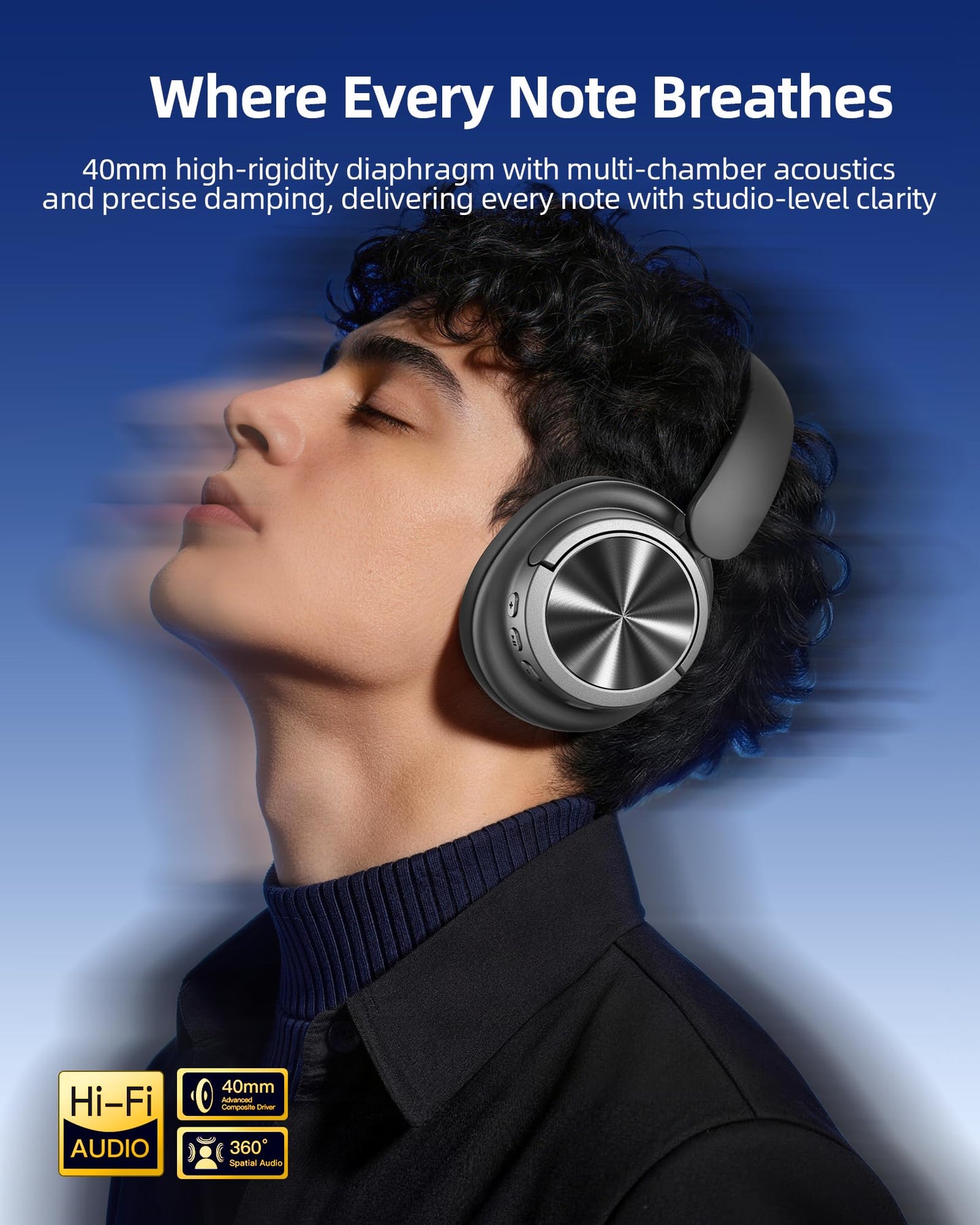 bmani Hybrid Active Noise Cancelling Headphones 120H Playtime Wireless Headphones Bluetooth 6.0 Over Ear Headphones with 6 ENC HD Call Mic, 360° Spatial Audio ANC Headphone for Travel Workout (Gary)