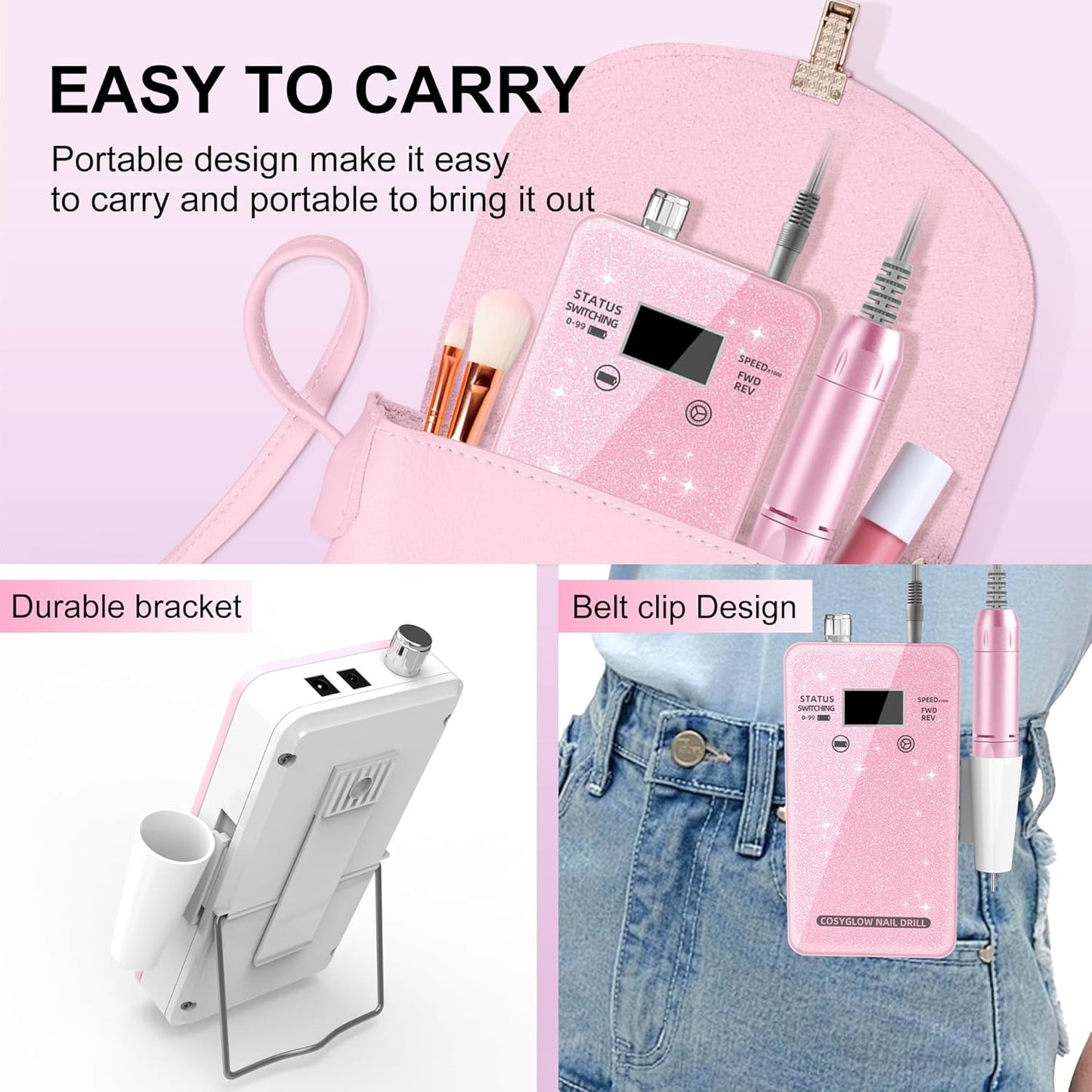 Professional Electric Nail Drill - COSYGLOW Glitter Cordless E-File Kit with 11 Bits | 30000 RPM Rechargeable for Acrylic Nails (Pink)