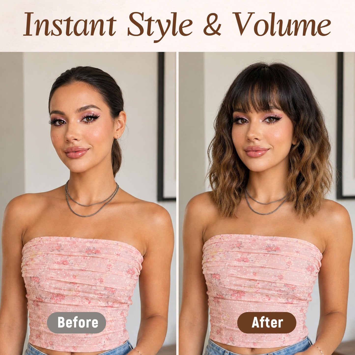 Nnzes Short Wavy Wig with Bangs for Women Shoulder Length Bob Curly Women's Charming Synthetic Wigs with Natural Wavy Black To Brown Heat Resistant Hair for Daily Party Use