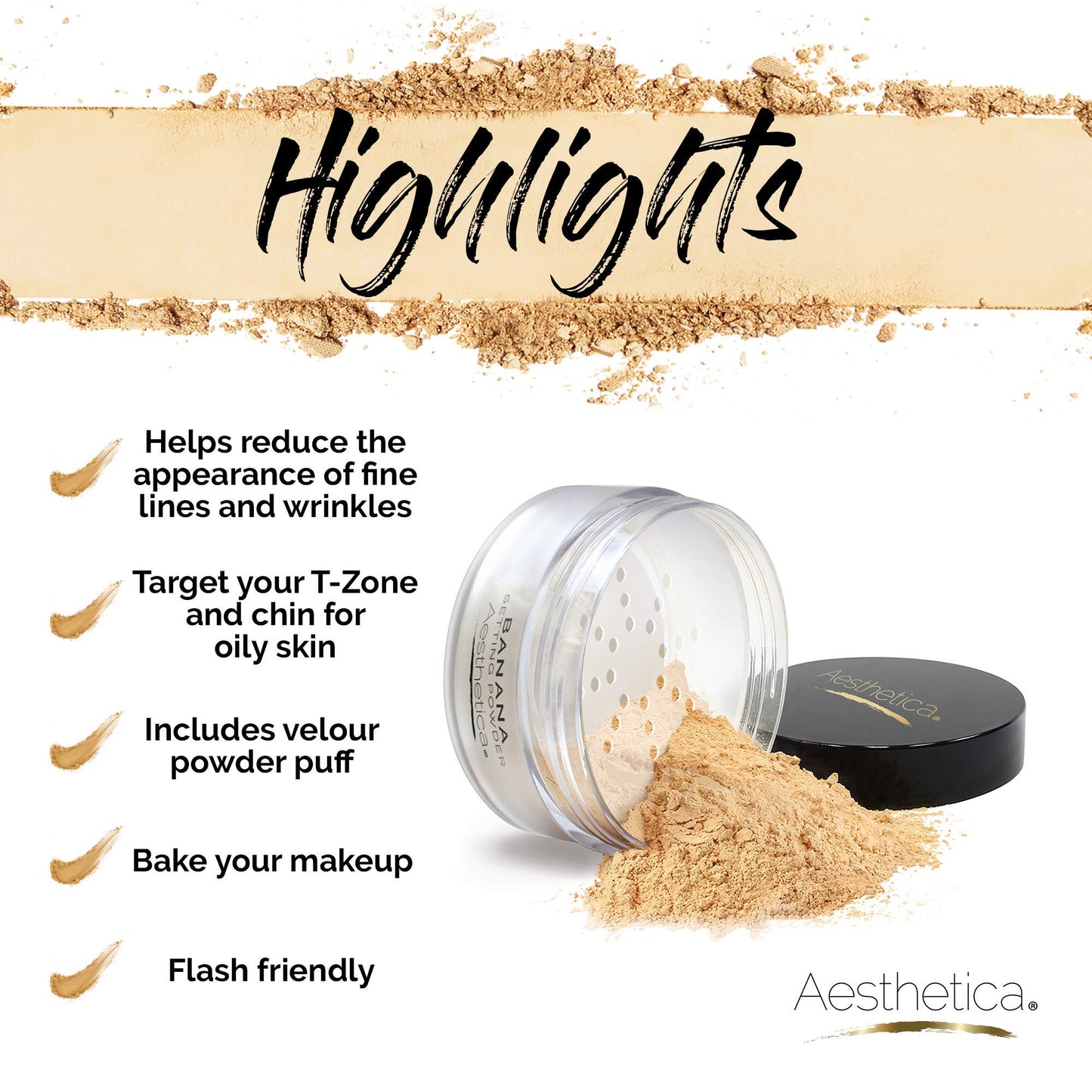 Aesthetica Setting Powder – Matte Finishing Makeup Loose Setting Powder – Flash Friendly Powder Foundation - Loose Face Powder Includes Velour Puff