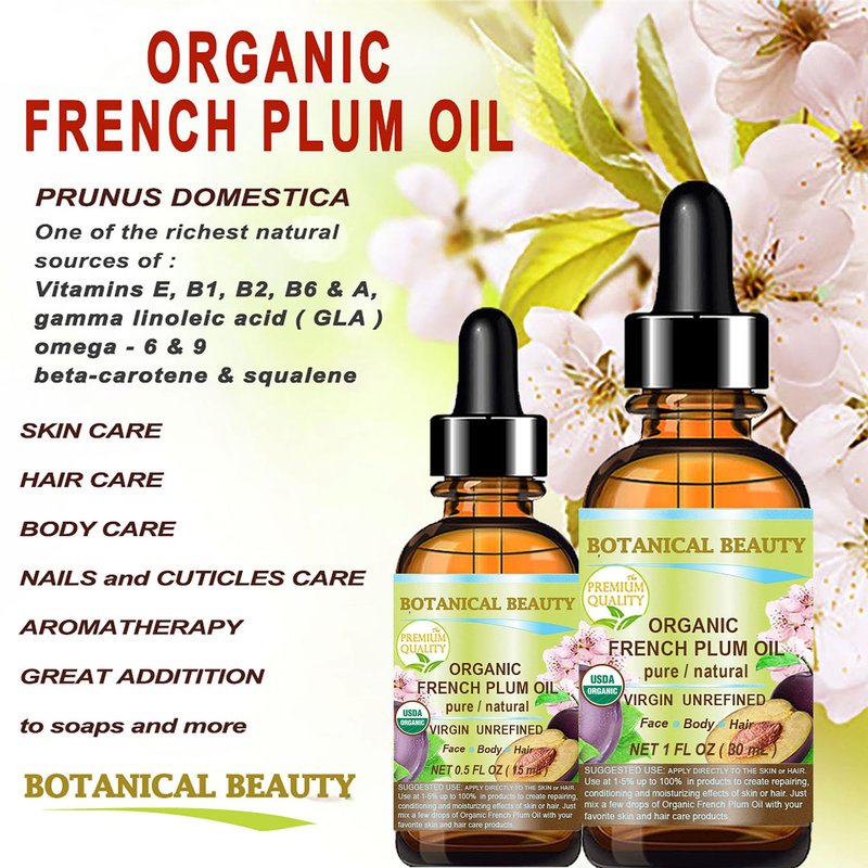 Botanical Beauty Organic French PLUM OIL 100% Pure Natural VIRGIN UNREFINED Cold-Pressed Carrier Oil for Face, Skin, Body, Hair, Lip, Nails. Rich in Vitamin E, Omega 6, Omega 9 (2 Fl Oz)