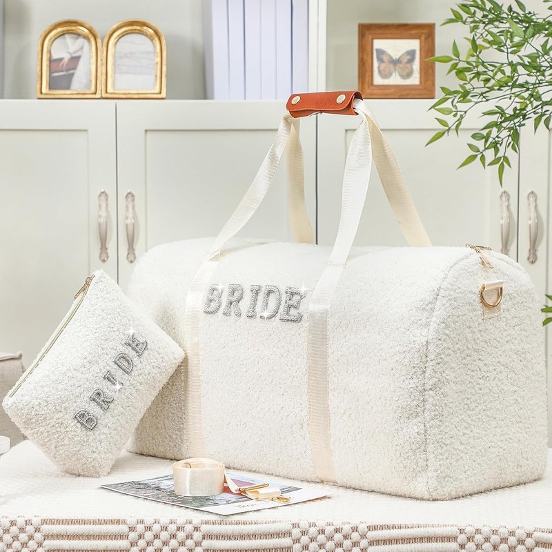 Bride Travel Bag Set - Plush Weekender Bag with Shoes Compartment & Makeup Pocket | Perfect Bridal Shower Gift