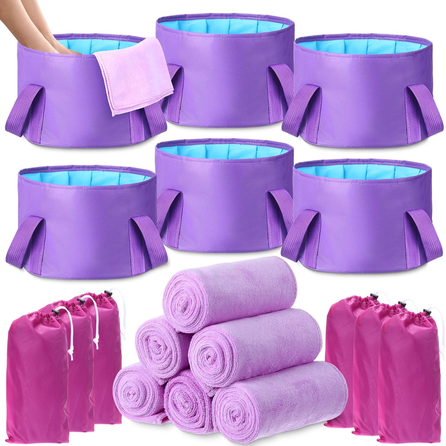 FillTouch 12 Pcs 15L Foldable Foot Soaking Tub Kit Portable Foot Bath Tub for Soaking Feet with Towel and Storage Bag Soak Spa Bucket for Travel Camping (Purple)