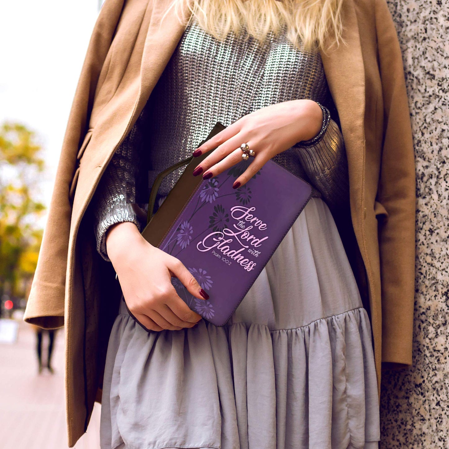Performore Purple Stylish Fashionable Bible Bags for Women that says "Serve The Lord with Gladness" - Psalm 100:2, w/ 6 Assorted Gel Highlighter Pens in Snap PVC Wallet