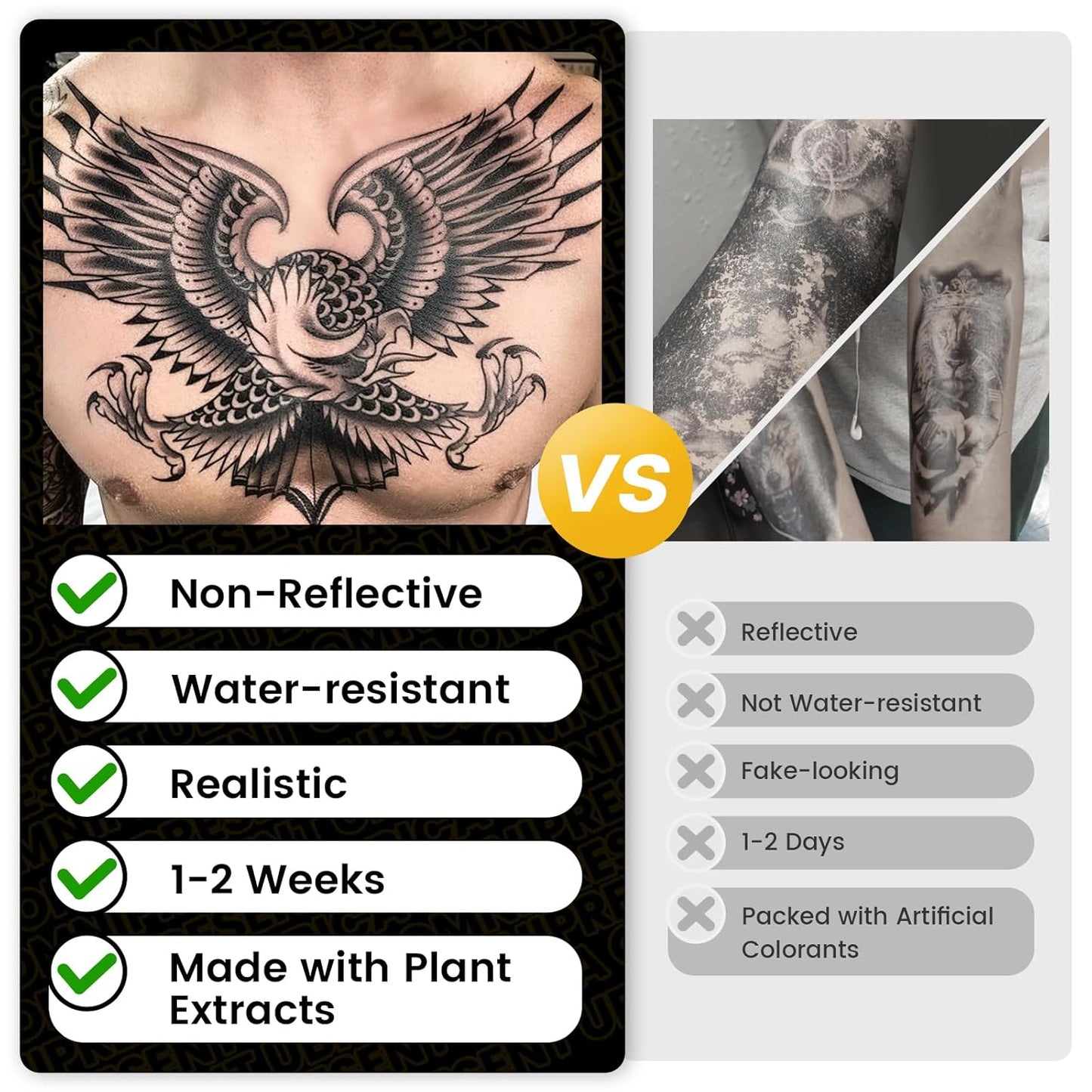 Realistic Large Semi-Permanent Tattoos - Waterproof Temporary Designs for Men | 2 Sheets, Lasts 2 Weeks