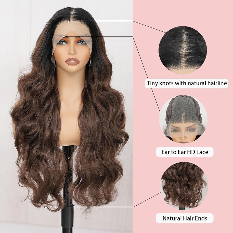 13x6 Lace Front Wig - Ombre Brown HD Lace Body Wave, Pre-Plucked, 28 Inch Long Wavy Synthetic Hair