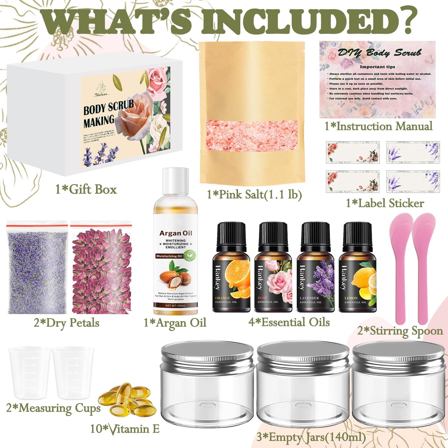 THALUNA Body Scrub Making Kit, Salt DIY Body Scrub Kit to Make Your Own Spa Kit with Pink Salt, Argan Oil, Essential Oils, Moisturizing Gentle Exfoliating Bath Sets for Women Gift Christmas Gift Girls