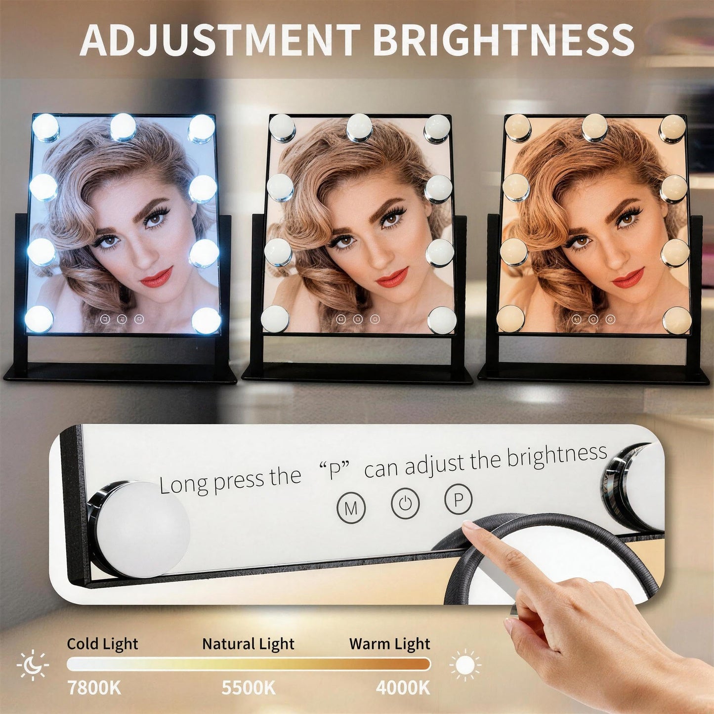 SLIMOON 9.65-inch Lighting Makeup Mirror, 1x / 10x,Touch Control,3-Color Adjustable,Metal Stand,up and Down Adjustable Makeup Mirror, High Color Rendering, Eye-Protecting Light Source,Ultramarine