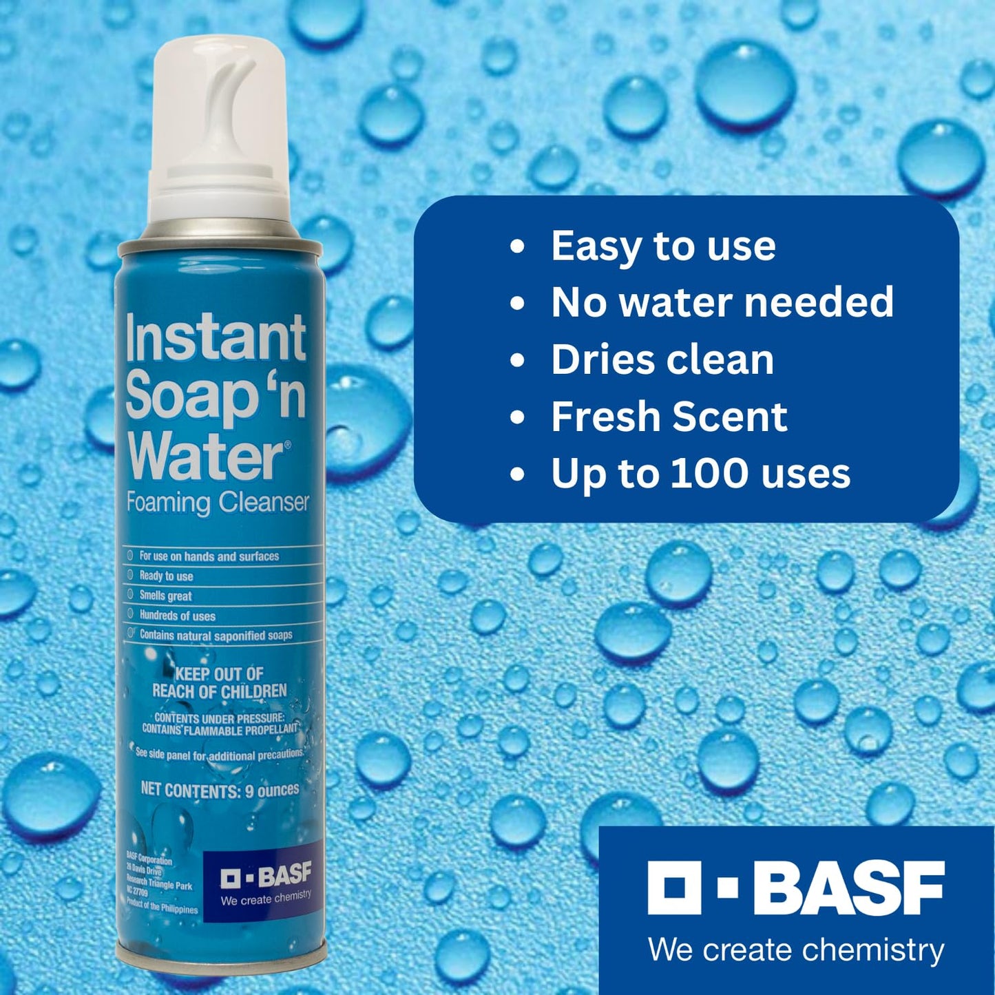 BASF Instant Soap 'n Water, Foaming Hand Cleanser, Ready to Use No Rinse Subtle Scent Skin Cleaner, On the Go, Home, Work, Travel, Up to 100 Washes, (2) 9 oz