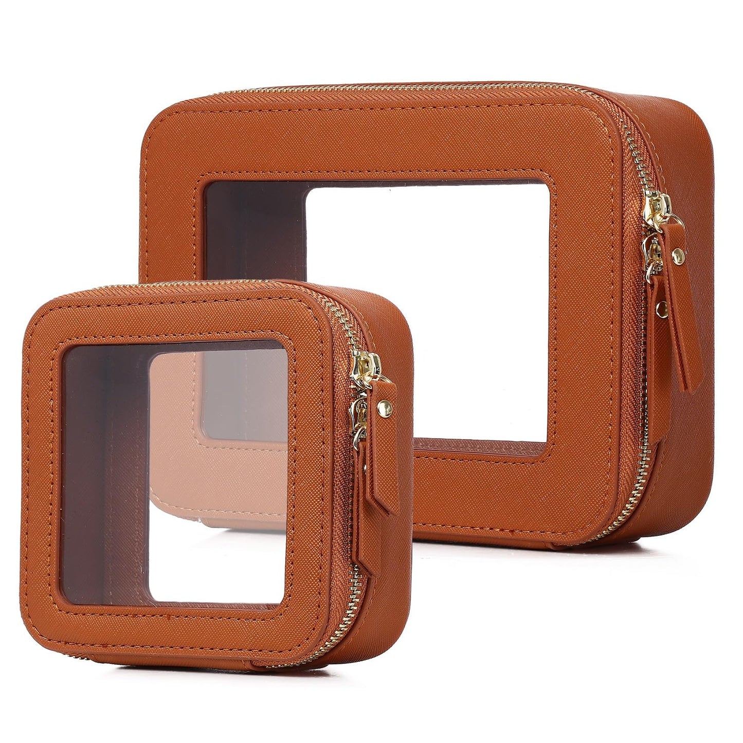 LOFOWN Clear Makeup Bag Set Travel Cosmetic Bag and Toiletry Bag Women's Purse Pouch Cosmetic Stroage Organizer Case with Zipper Car Essentials (Brown, M+Mini)
