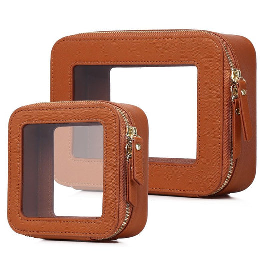 LOFOWN Clear Makeup Bag Set Travel Cosmetic Bag and Toiletry Bag Women's Purse Pouch Cosmetic Stroage Organizer Case with Zipper Car Essentials (Brown, M+Mini)
