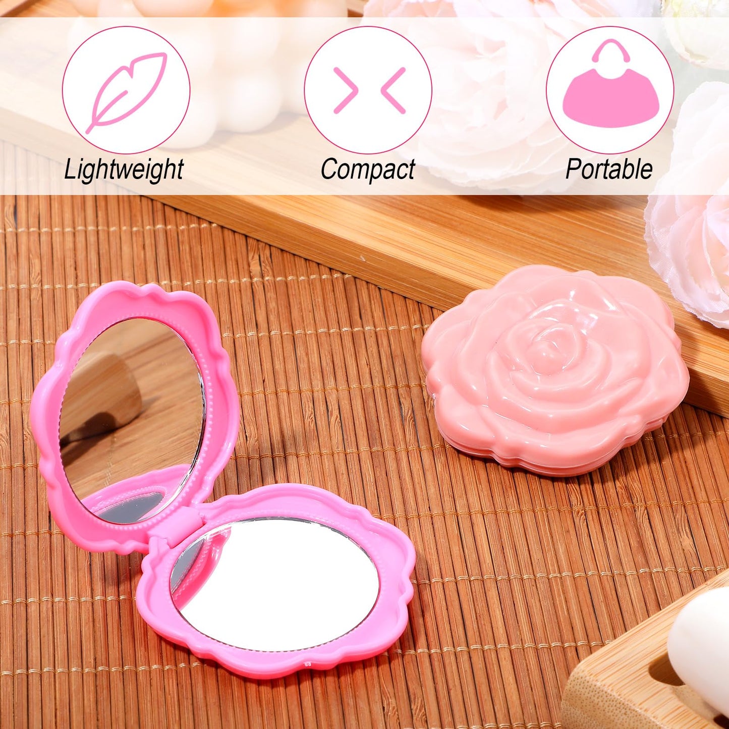 Limbeuuu 40 Pack Compact Mirror Plastic Portable Foldable Rose Flower Shaped Makeup Mirror Hand Bridesmaids Gift for Women Girls Wedding Party