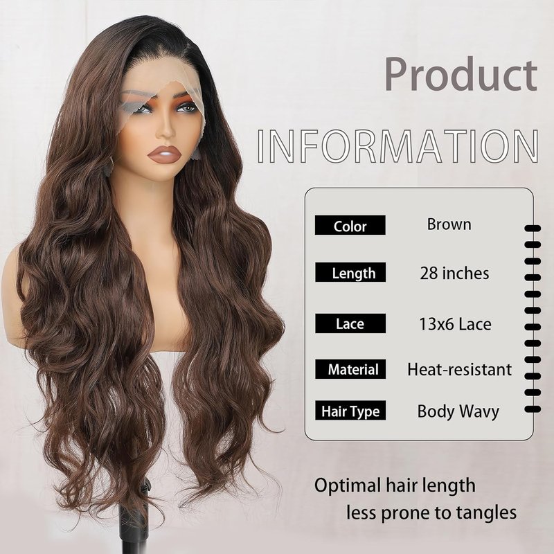 13x6 Lace Front Wig - Ombre Brown HD Lace Body Wave, Pre-Plucked, 28 Inch Long Wavy Synthetic Hair