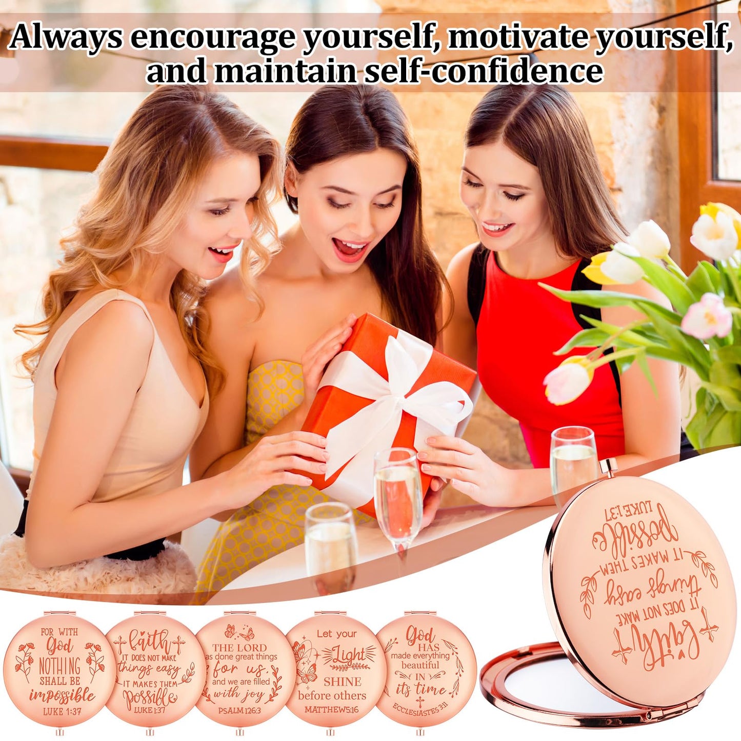 Huwena 12 Pcs Christian Gifts Mirror for Women Bulk Bible Verse Makeup Folding Compact Pocket Mirror Back to School Party Inspirational Religious Gift Teacher Coworker Employee Travel Church Baptism