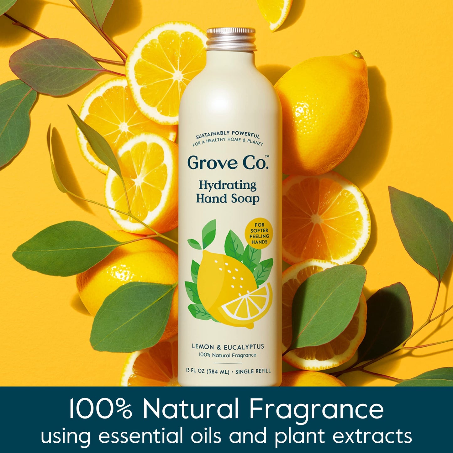 Grove Co. Hydrating Gel Hand Soap Refills (2 x 13 Fl Oz) + 1 x Reusable Glass Soap Dispenser, Refillable Liquid Hand Soap Starter Kit, Natural Lemon & Eucalyptus Fragrance
