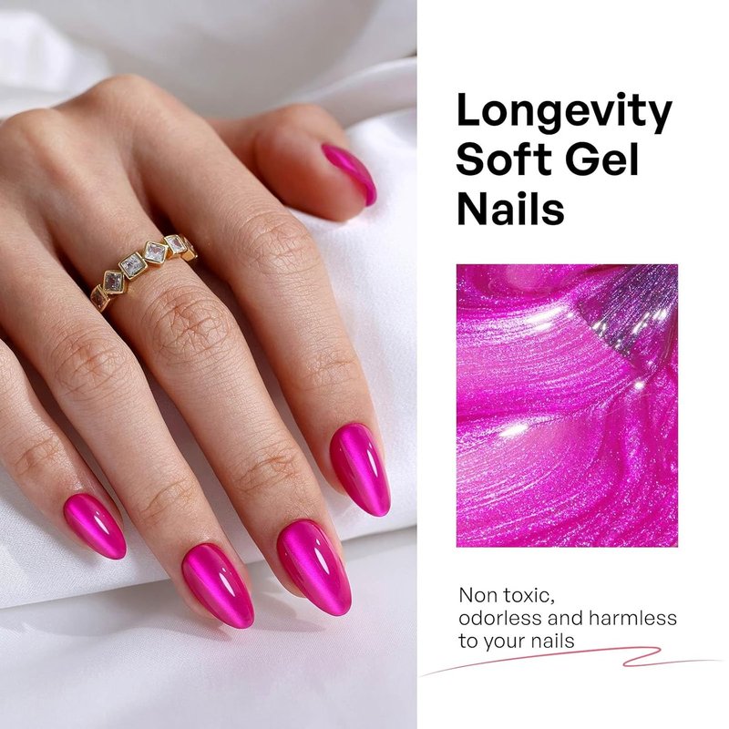 Almond Cat Eye Press-On Nails - Hot Pink Soft Gel Fuchsia | 32 Pcs Reusable in 16 Sizes