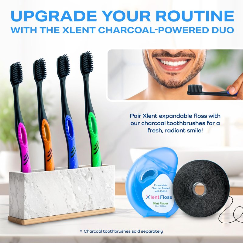 Expandable Floss Treated with Activated Charcoal with Xylitol and Natural Plant Based Wax |Fresh Mint Flavor | 50 Meter (4 Count)