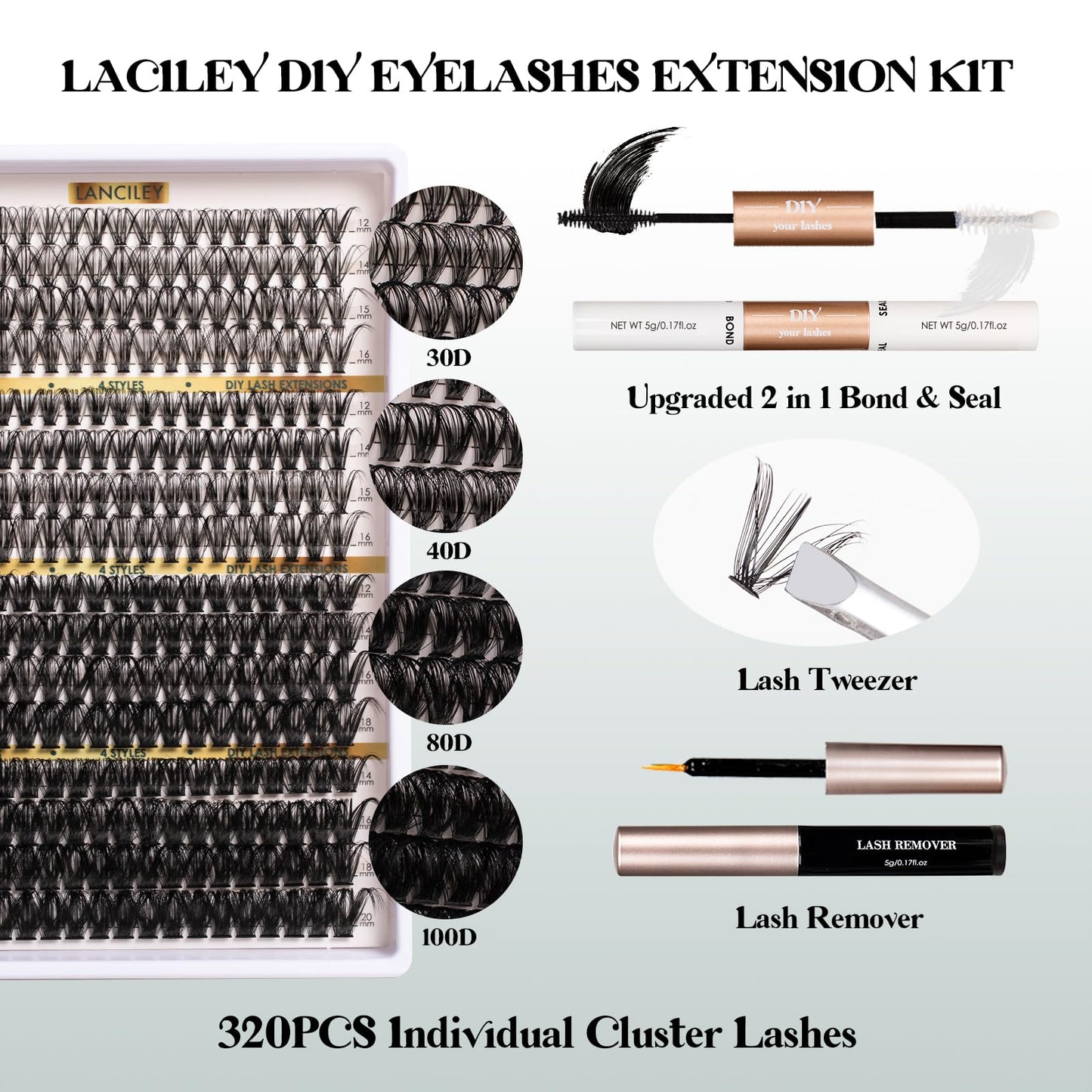 Lash Clusters 320PCS 12-20MM 30D+40D+80D+100D DIY Eyelash Extensions Kit Natural Individual Lashes Thick Volume Eyelash Clusters D Curly Lash Extension kit with Bond + Seal + Remover + Tweezers-4