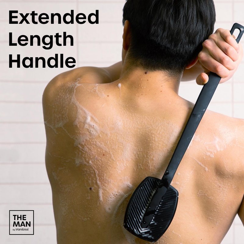 The Man Silicone Back Scrubber for Men - 18.5" Long Handle Shower Brush for Back & Body - Exfoliating Body Scrubber - Quick-Dry Hygienic Silicone with Hook