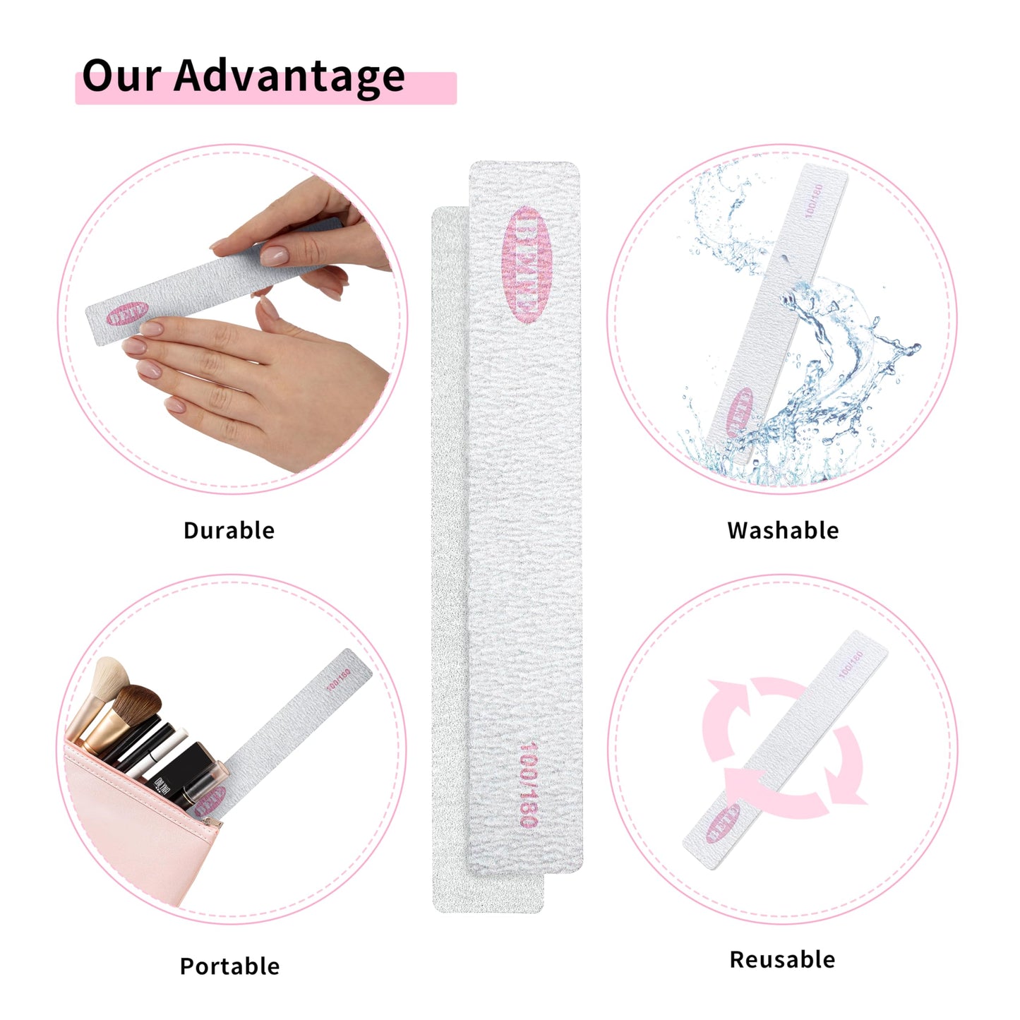 Nail File 20 PCS Professional Reusable 100/180 Grit Double Sides Washable Nail File Manicure Tools for Poly Nail Extension Gel and Acrylic Nails Tools Suit for Home Salon
