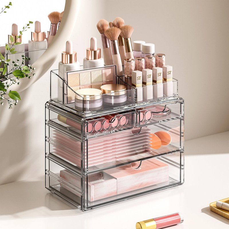 Delamu 4-Tier Clear Makeup Organizer with Drawer, Stackable Acrylic Cosmetic Storage for Bathroom Vanity, Dresser Countertop, Make Up and Jewelry Storage, Beauty Holder for Lipstick Brush Skincare