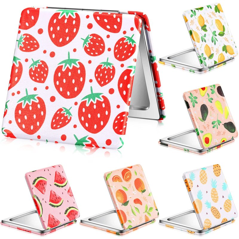 Vicenpal Compact Mirror Small Pocket Fruit Design Mini Magnifying Portable Makeup Compact PU Leather Double Sidepocket Mirror for Mother's Day Women Party Baby Shower Gifts(Square Style)