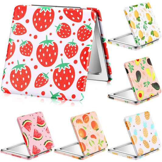 Vicenpal Compact Mirror Small Pocket Fruit Design Mini Magnifying Portable Makeup Compact PU Leather Double Sidepocket Mirror for Mother's Day Women Party Baby Shower Gifts(Square Style)