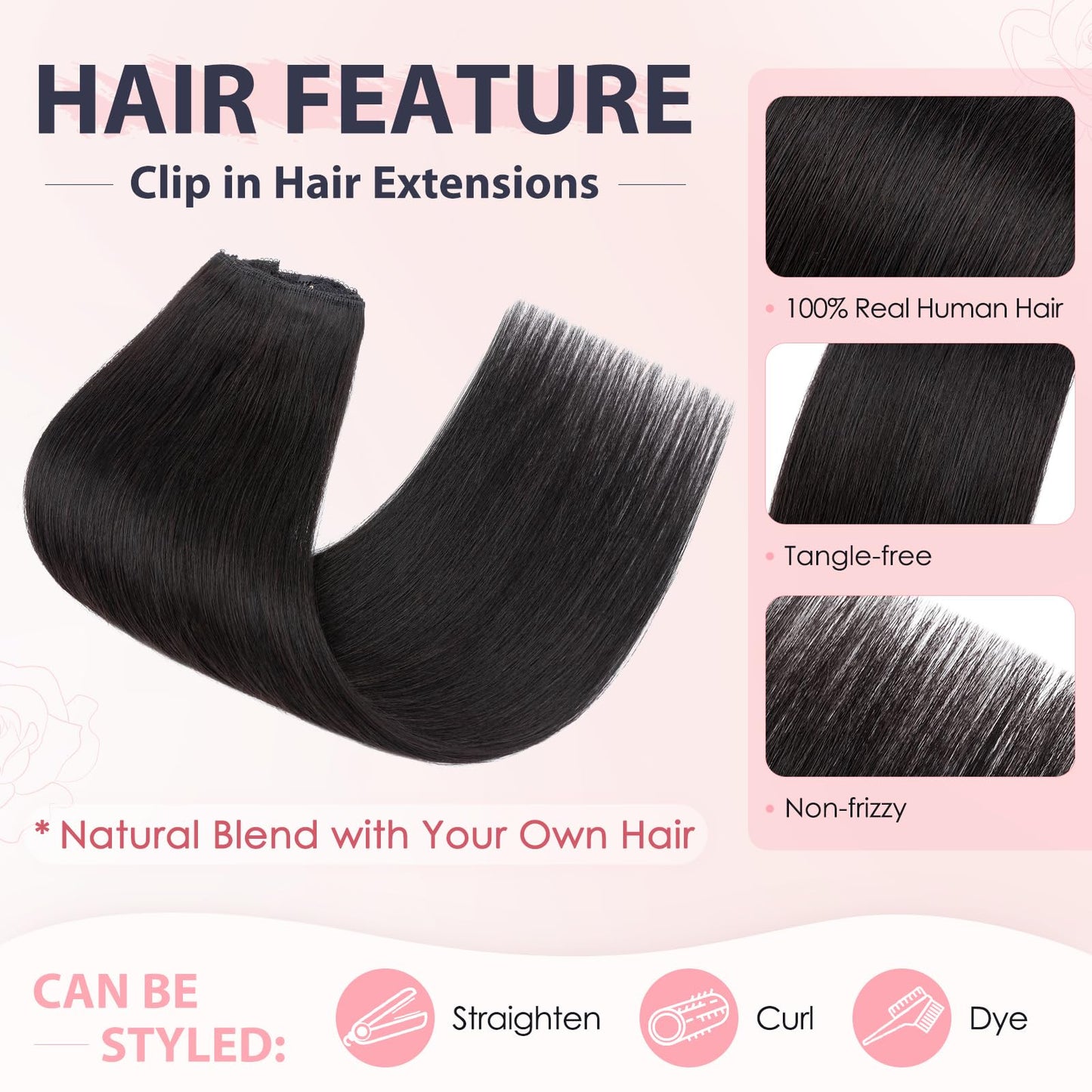 TESS 3 PCS Hair Extensions Clip ins Real Human Hair Straight Hair Extension for Women Soft Lace Wefts Invisible Clip in 16 Inches Natural Black