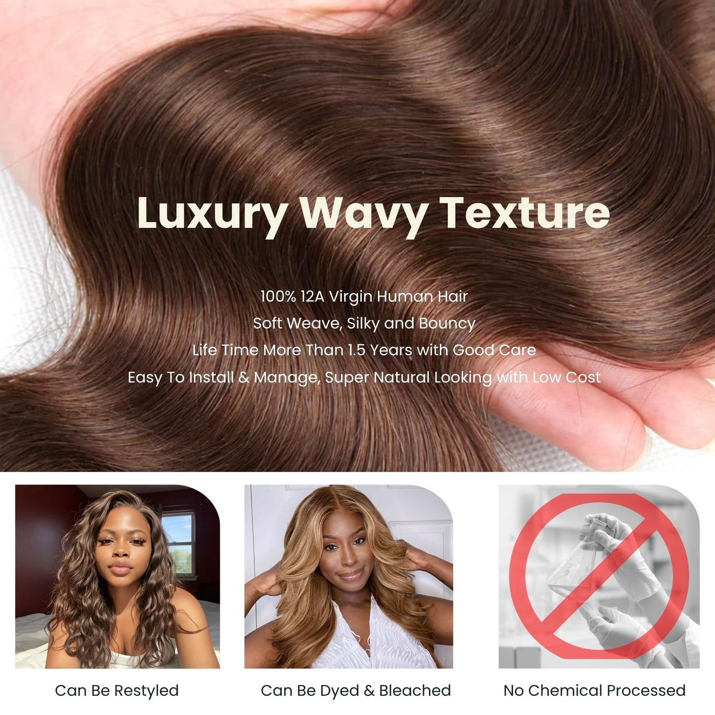 MOMOSHERO Chocolate Brown Body Wave Single Bundle Human Hair, Soft Glossy 12A 100% Unprocessed Remy Virgin Hair 1 Bundle Wavy Classy Colored #4 Dark Medium Brown Weaves Sew In Weft Extension 14 Inch