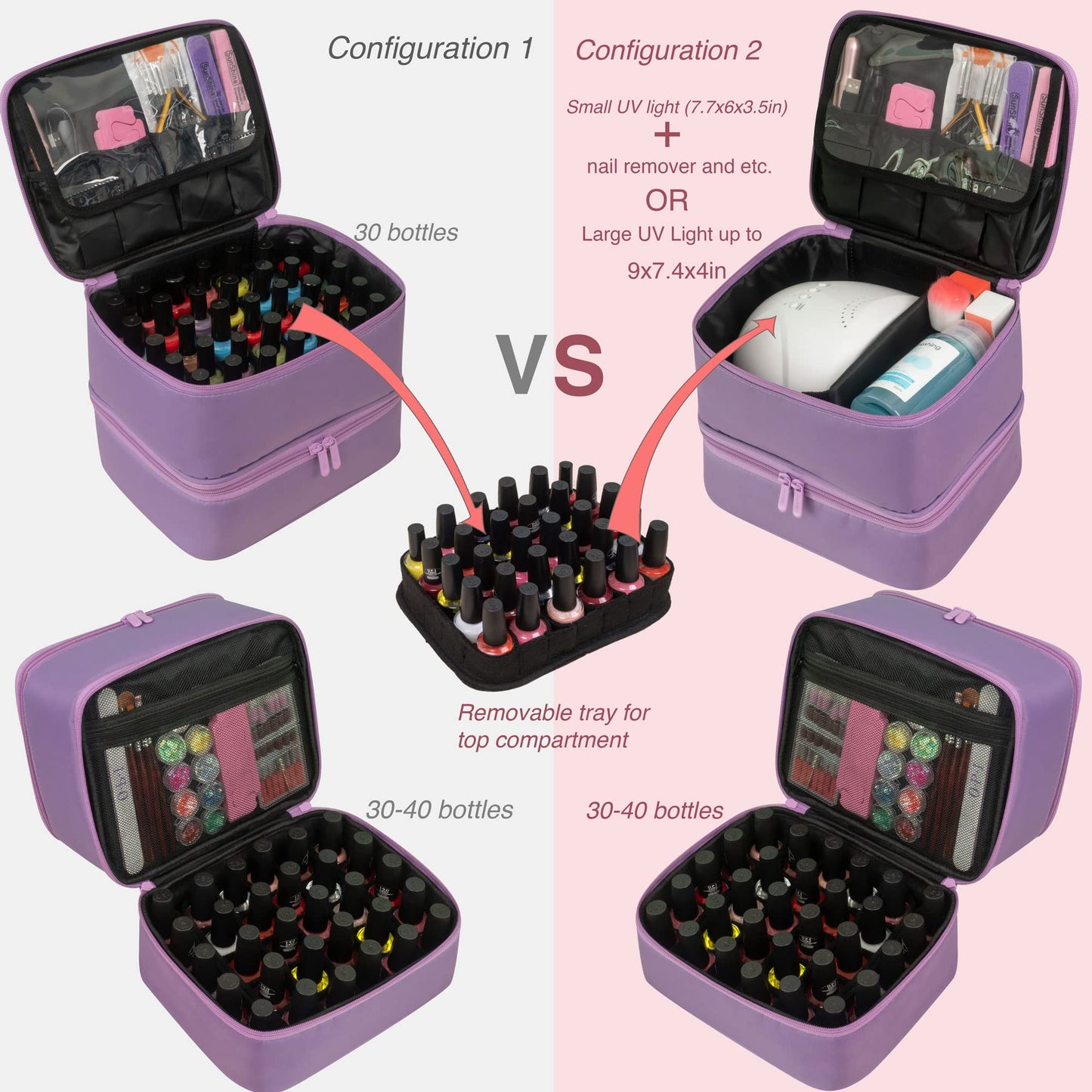 ButterFox Nail Polish Organizer Case Holder Holds 60 Bottles, Fits Nail Lamp, Duble-layer Storage for Nail Supplies and Accessories - Lavender Purple