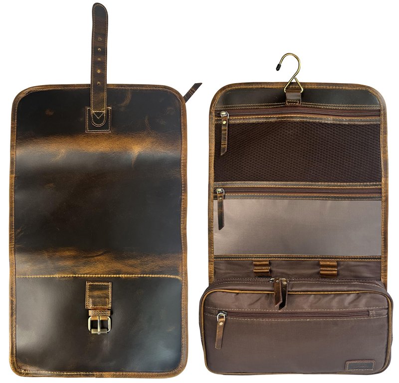 RUSTIC TOWN Leather Hanging Toiletry Bag for Men - Travel Shaving Dopp Kit - Bathroom Shower Toiletries Organizer - Leather Cosmetic Makeup Bag for Women