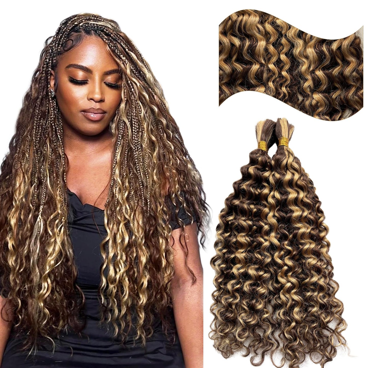 Licoville Boho Human Hair for Braiding 4/27 Water Wave Human Bulk Hair Brown Blonde Braiding Wet and Wavy Bundles No Weft 100% Curly Human Hair for Boho Braids Knotless Smooth Hair 16 Inch 100G